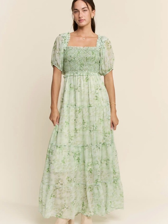 DAVI & DANI Dresses & Skirts - DAVI & DANI Light Green Floral Smocked Maxi Dress